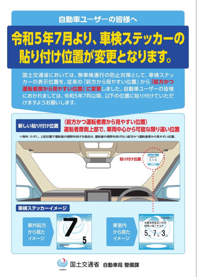 車検ステッカー貼り付け位置